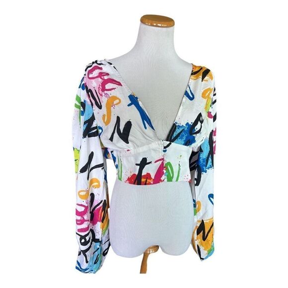 NWT Womens Love X Design Grafitti Chic Scribble Print Balloon Sleeve Crop Top L - Picture 1 of 2